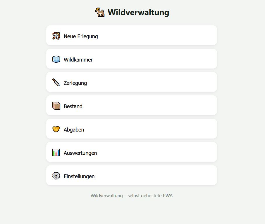 Startbildschirm der App Wildverwaltung mit den Bereichen Neue Erlegung, Wildkammer, Zerlegung, Bestand, Abgaben, Auswertungen und Einstellungen